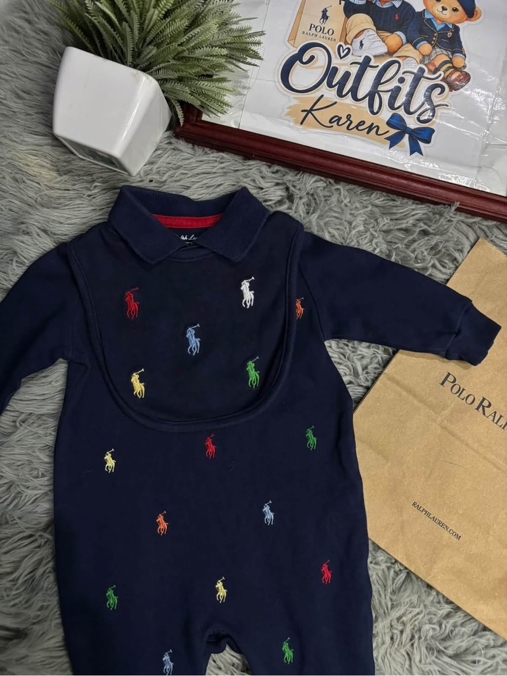 Polo by Ralph Lauren Navy Baby Polo Romper with Multicolor Pony Embroidery